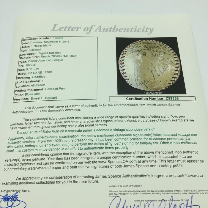1961 Roger Maris Single Signed Vintage American League Baseball JSA COA