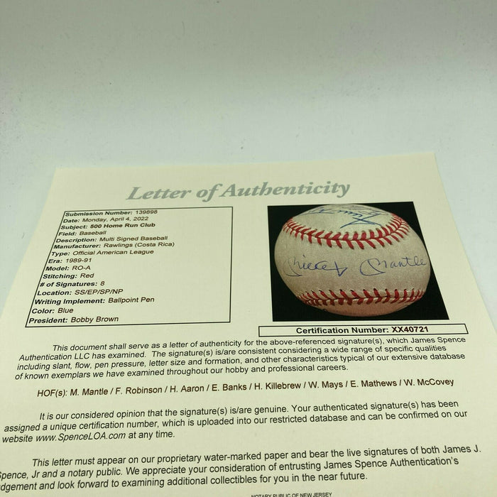 Mickey Mantle Ted Williams Willie Mays 500 Home Run Club Signed Baseball JSA COA
