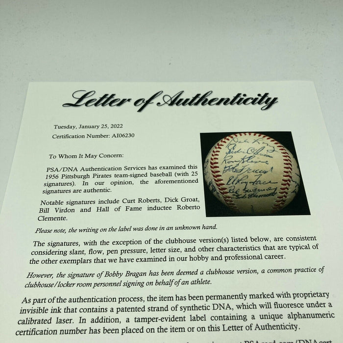 Beautiful Roberto Clemente 1956 Pittsburgh Pirates Team Signed Baseball PSA DNA