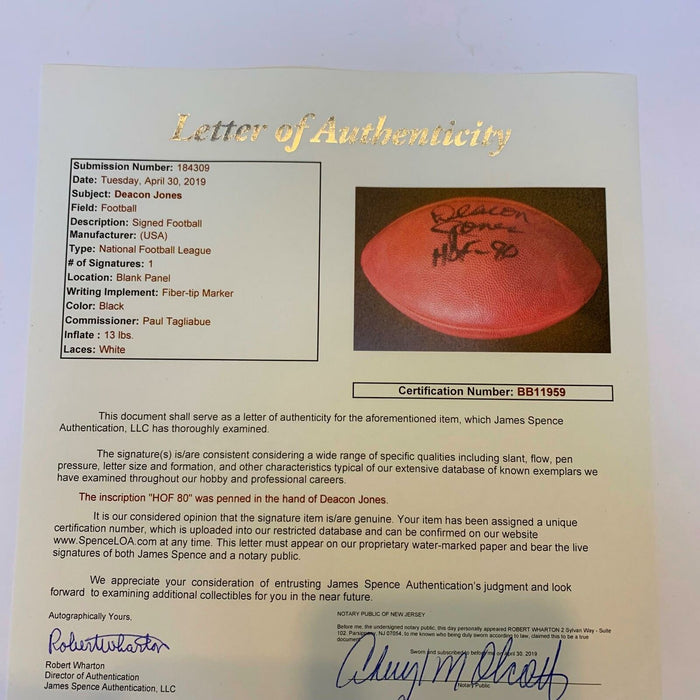 Deacon Jones Hall Of Fame 1980 Signed Authentic Wilson NFL Football With JSA COA