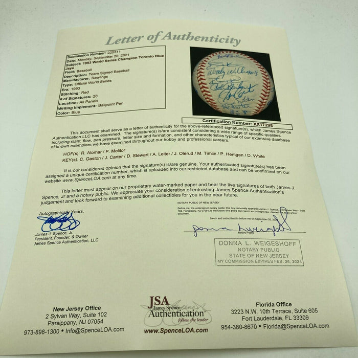 1993 Toronto Blue Jays World Series Champs Team Signed Baseball JSA COA