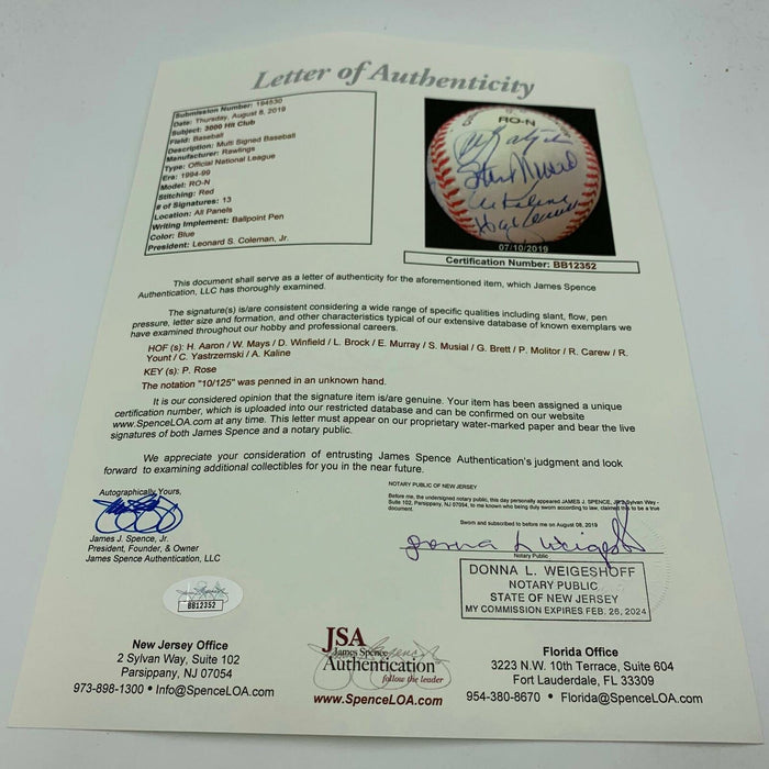 Beautiful 3,000 Hit Club Signed Baseball (13) Willie Mays Hank Aaron JSA COA