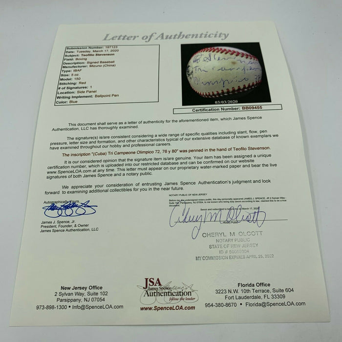 Teofilo Stevenson Olympics Gold Medal Single Signed Baseball JSA COA Boxing