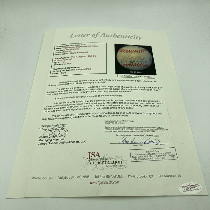 Beautiful Tris Speaker Sweet Spot Single Signed Baseball With JSA COA