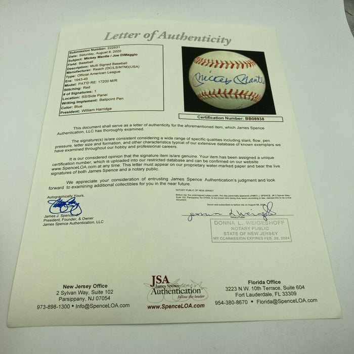 Mickey Mantle & Joe Dimaggio Signed 1943 American League Harridge Baseball JSA