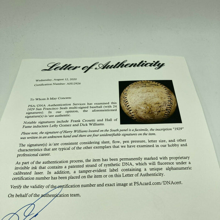 Lefty Gomez Pre Rookie 1929 San Francisco Seals Team Signed Baseball PSA DNA COA
