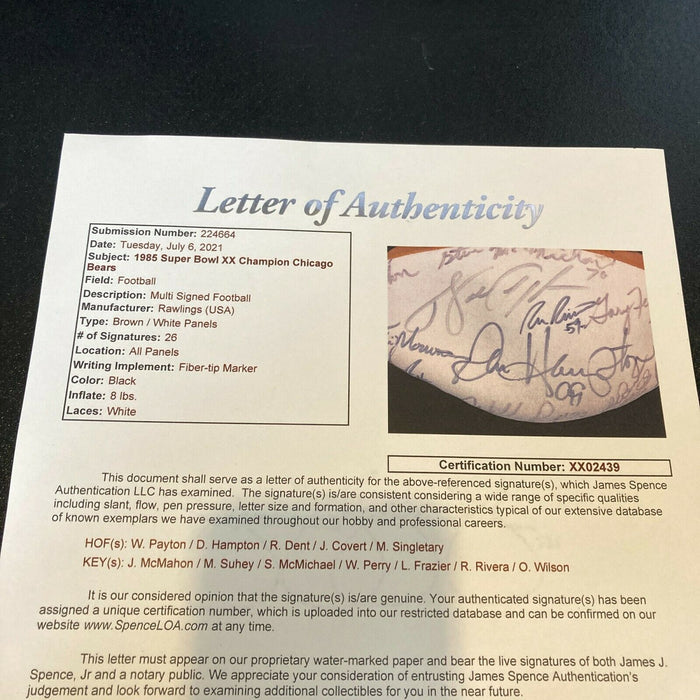 1985 Chicago Bears Super Bowl Champs Team Signed Football Walter Payton JSA COA