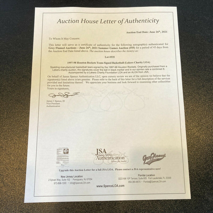 1997-98 Houston Rockets Team Signed Spalding NBA Basketball JSA COA Team Letter