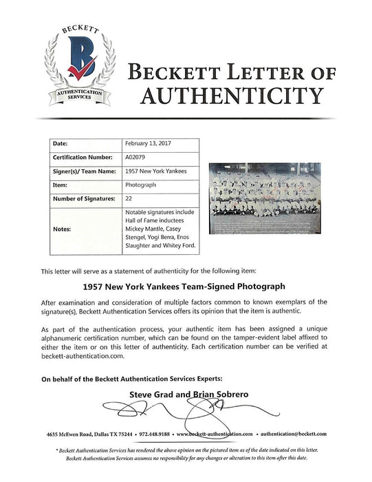 1957 NY Yankees AL Champs Team Signed Photo Mickey Mantle Yogi Berra Beckett COA