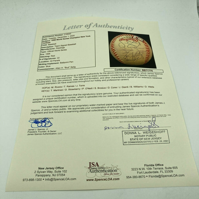 1998 New York Yankees World Series Champs Team Signed W.S. Baseball JSA COA PSA