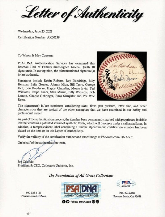 Ted Williams Stan Musial Hall Of Fame Multi Signed Baseball PSA DNA COA