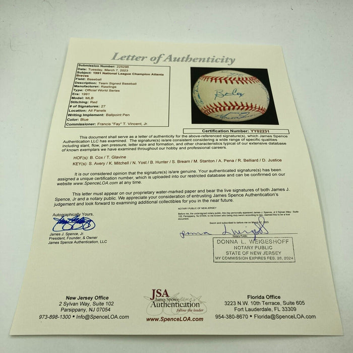 1991 Atlanta Braves NL Champs Team Signed World Series Baseball JSA COA
