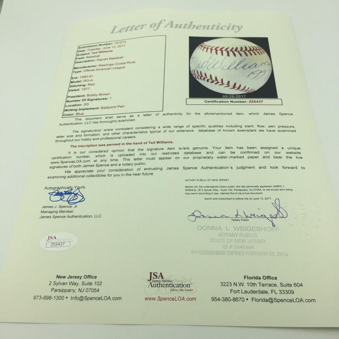 Beautiful Ted Williams 1997 Signed Autographed American League Baseball JSA COA