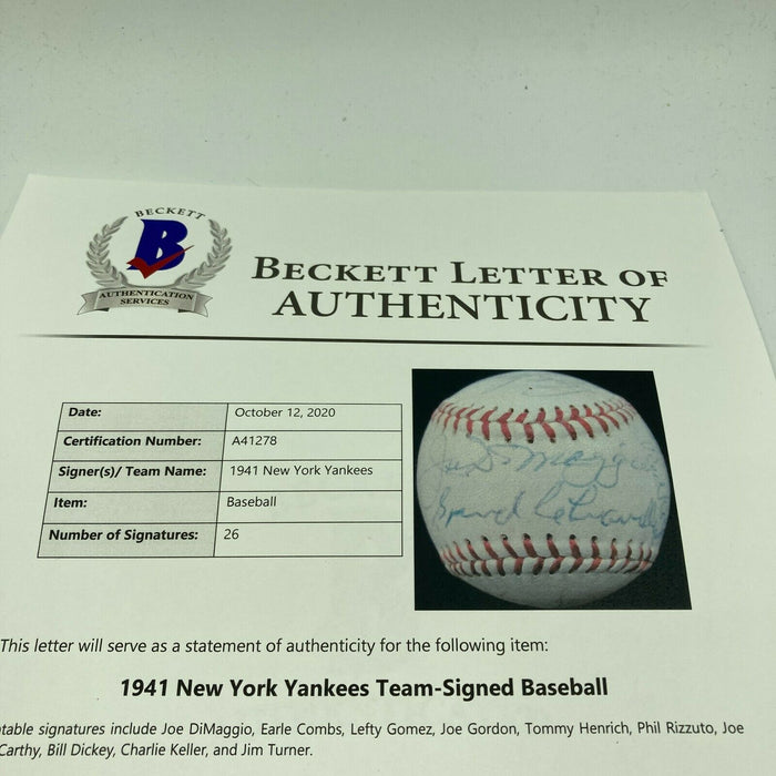 Beautiful 1941 New York Yankees Team Signed American League Baseball Beckett COA