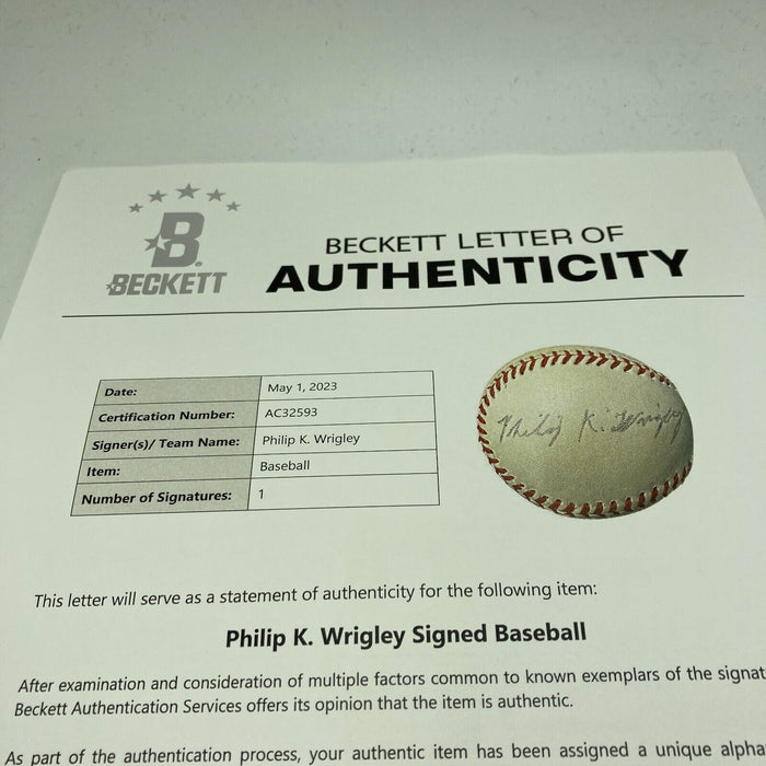 Philip K. Wrigley Single Signed Baseball Chicago Cubs Owner Beckett COA