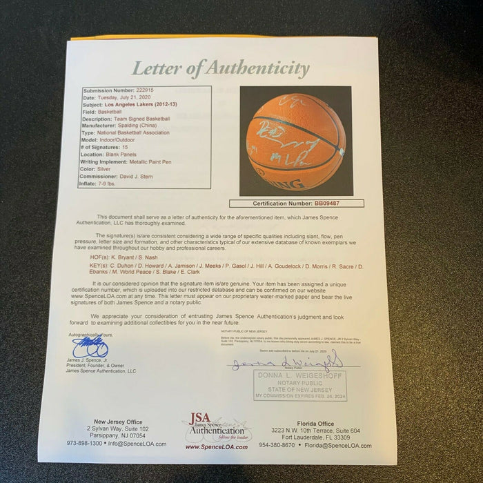 Kobe Bryant 2012-13 Los Angeles Lakers Team Signed NBA Game Basketball JSA COA