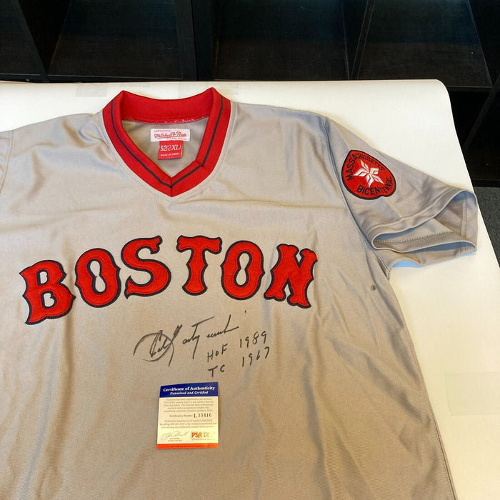 Carl Yastrzemski Signed Red Sox 33x37.5 Custom Framed Jersey Display  Inscribed TC 1967 & HOF 1989 (PSA COA)