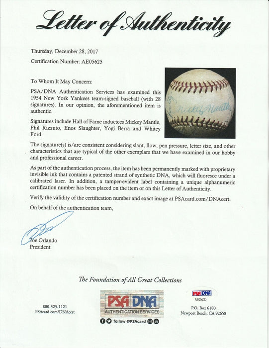 Nice 1954 New York Yankees Team Signed Baseball Mickey Mantle With PSA DNA COA