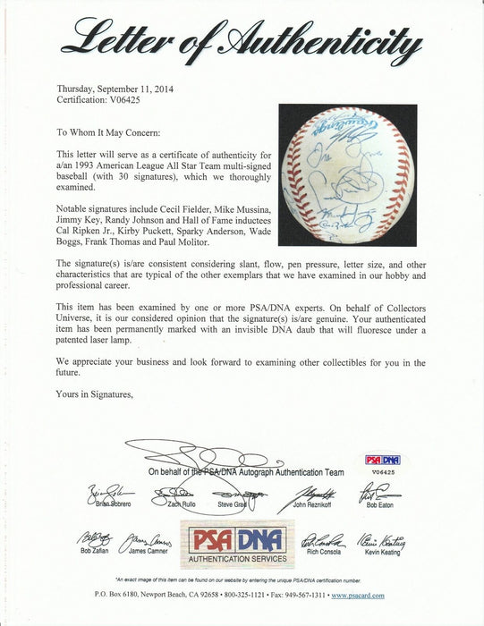 1993 All Star Game Team Signed Baseball Kirby Puckett Ripken Ken Griffey Jr PSA