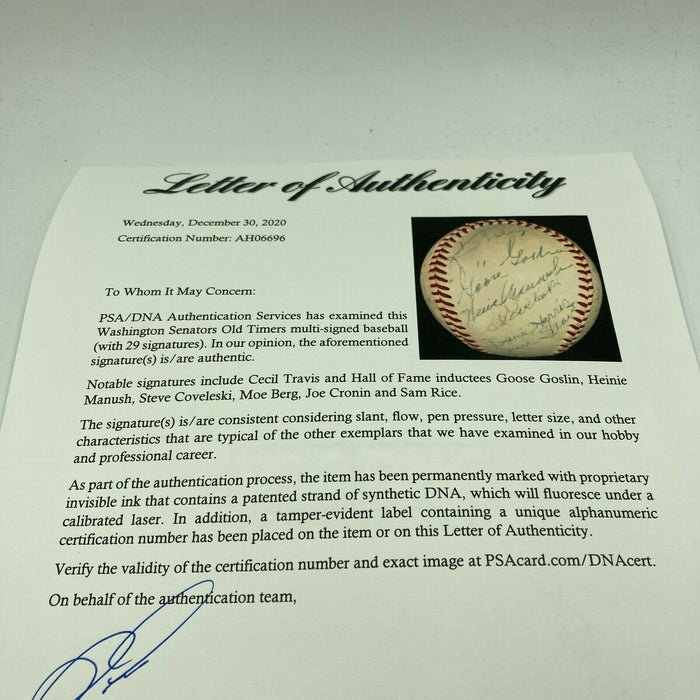 Moe Berg Goose Goslin Sam Rice Washington Senators Legends Signed Baseball PSA