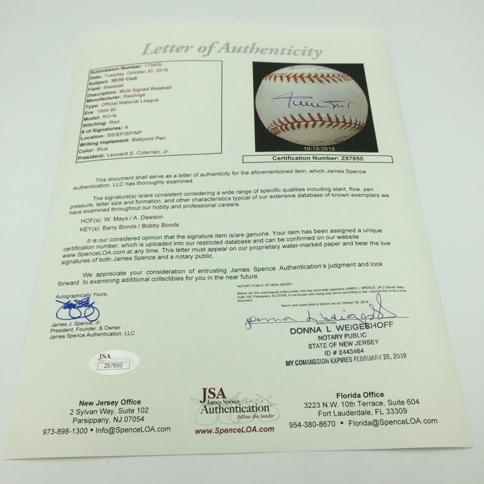 Willie Mays Barry Bonds Bobby Bonds Andre Dawson 30/30 Signed Baseball JSA COA
