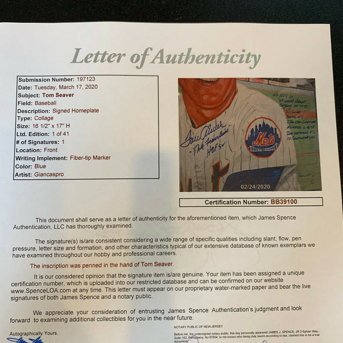 Beautiful Tom Seaver Signed Heavily Inscribed Hand Painted Home Plate JSA COA