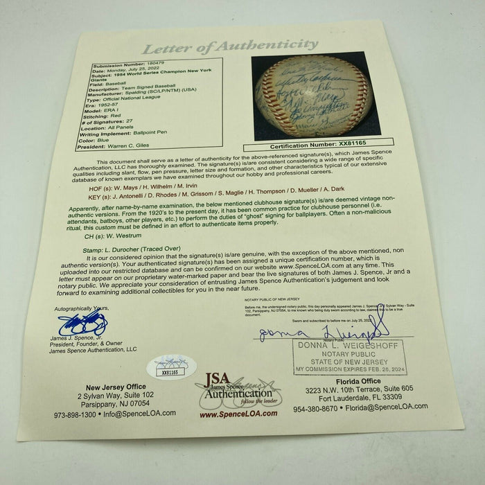Willie Mays 1954 New York Giants World Series Champs Team Signed Baseball JSA