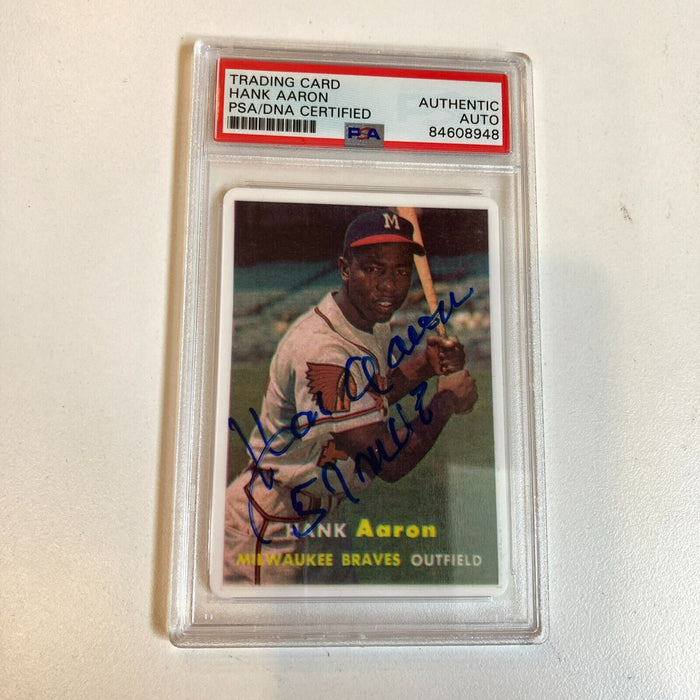 1957 Topps Hank Aaron "MVP" Signed Porcelain Baseball Card PSA DNA