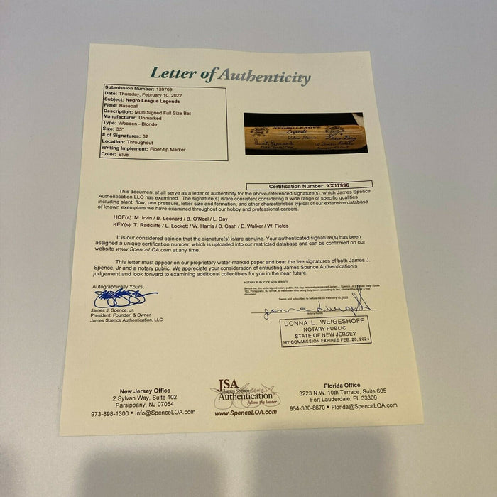 Negro League Legends Multi Signed Baseball Bat With JSA COA