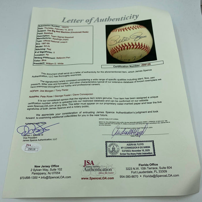 Pete Rose Joe Morgan Tony Perez Foster Big Red Machine Signed Baseball JSA COA