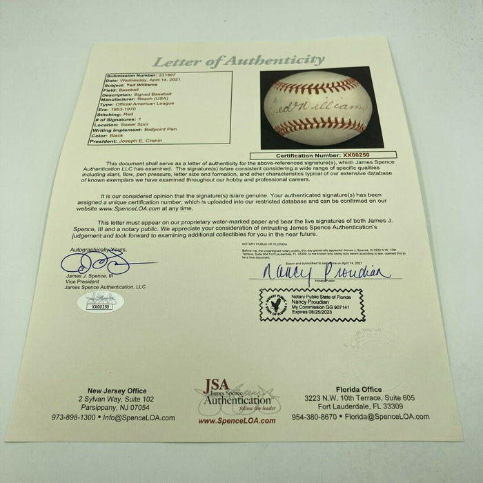1950's Ted Williams Signed American League (Joe Cronin) Baseball With JSA COA