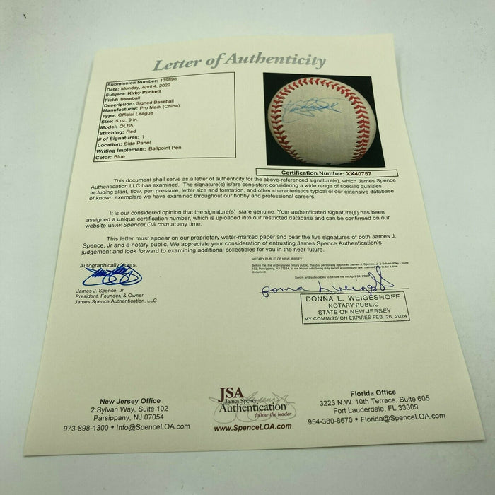 Kirby Puckett Signed Autographed Baseball With JSA COA