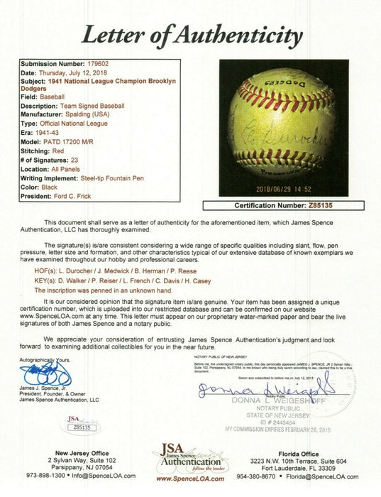 1941 Brooklyn Dodgers National League Champs Team Signed NL Baseball JSA COA