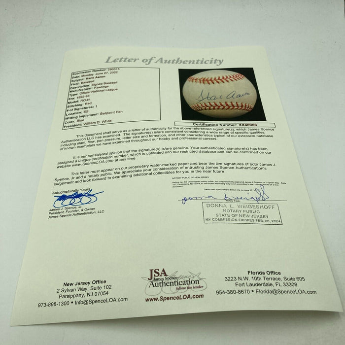 Hank Aaron Signed Official National League Baseball JSA COA Very Nice