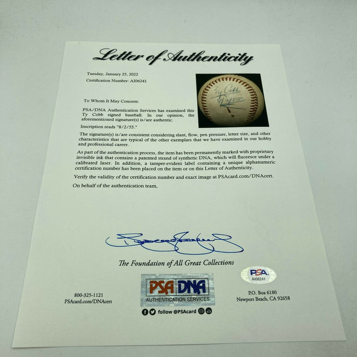 Beautiful Ty Cobb Single Signed 1955 American League Baseball PSA DNA COA