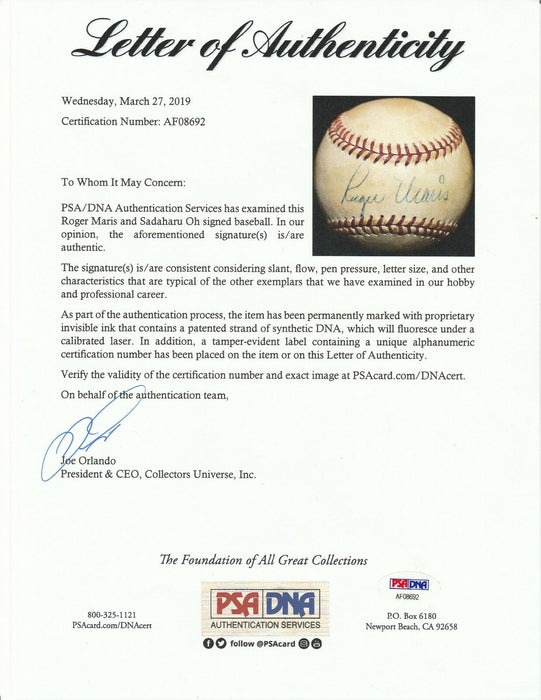 Roger Maris & Sadaharu Oh Dual Signed Autographed Baseball PSA DNA COA