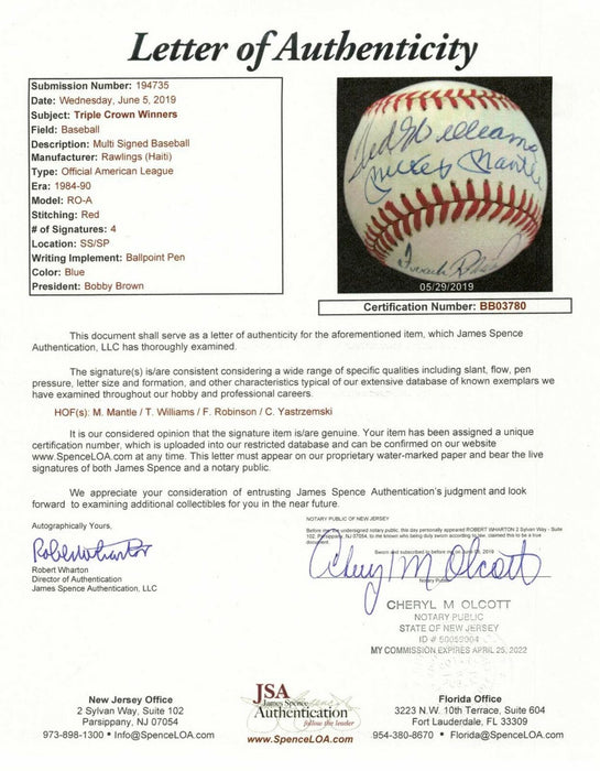 Mickey Mantle Ted Williams Carl Yastrzemski Triple Crown Signed Baseball JSA COA