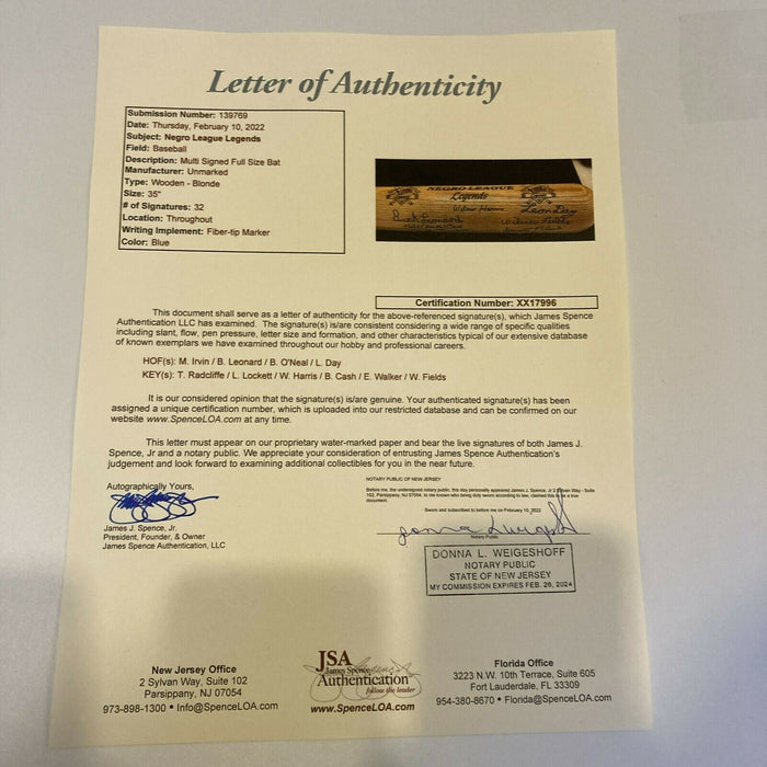 Negro League Legends Multi Signed Baseball Bat With JSA COA