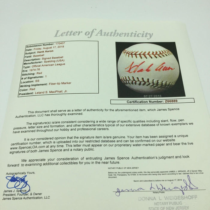 1974 Hank Aaron Playing Days Signed American League Macphail Baseball JSA COA