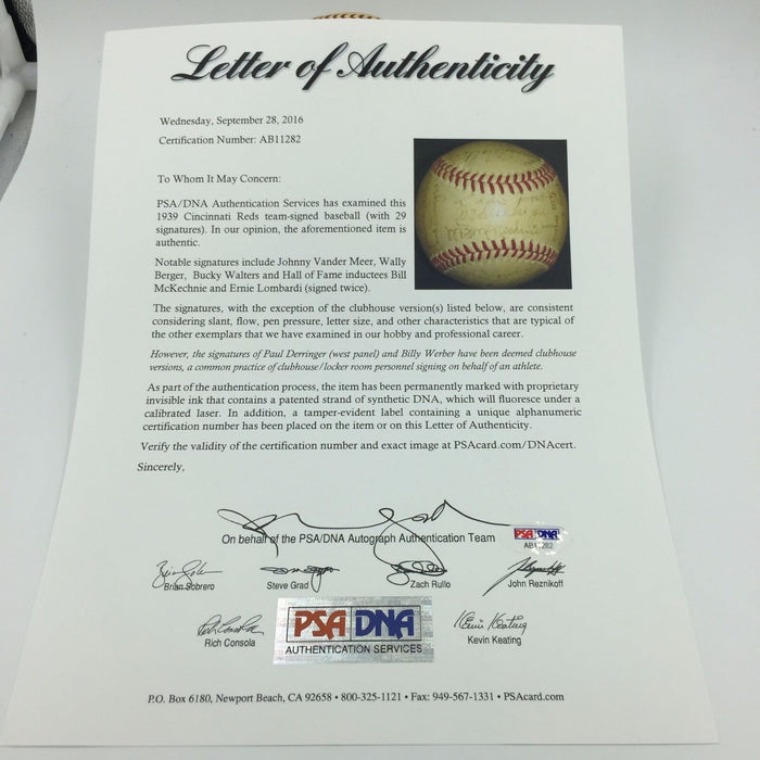 Magnificent 1939 Cincinnati Reds NL Champs Team Signed Baseball PSA DNA COA