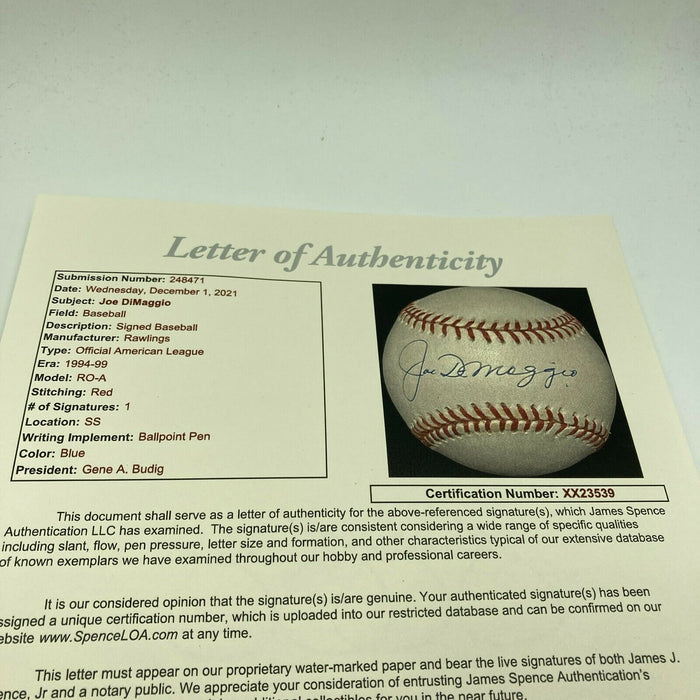 Beautiful Joe Dimaggio Signed Official American League Baseball With JSA COA