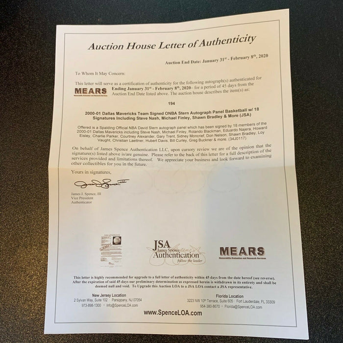 2000-01 Dallas Mavericks Team Signed Spalding NBA Basketball With JSA COA