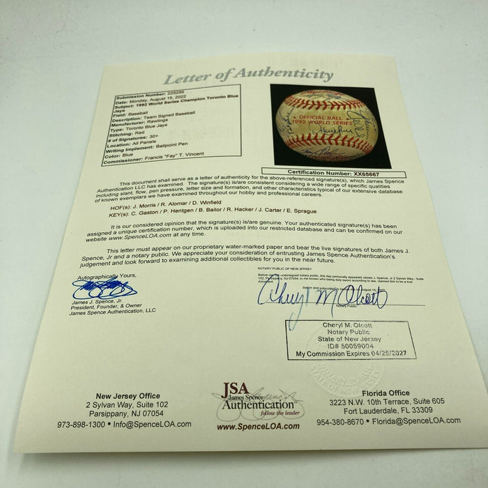 1992 Toronto Blue Jays World Series Champs Team Signed W.S. Baseball JSA COA