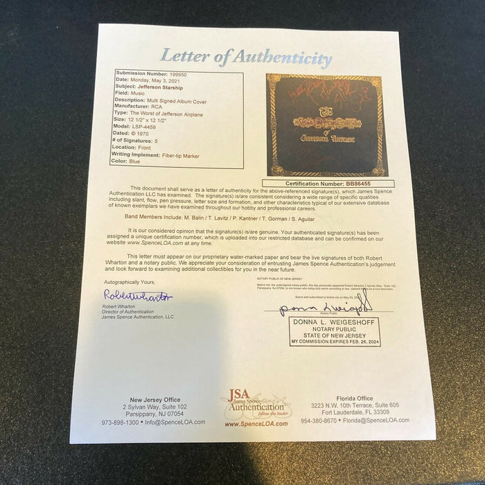 Jefferson Starship Band Signed Autographed Album With 5 Signatures JSA COA