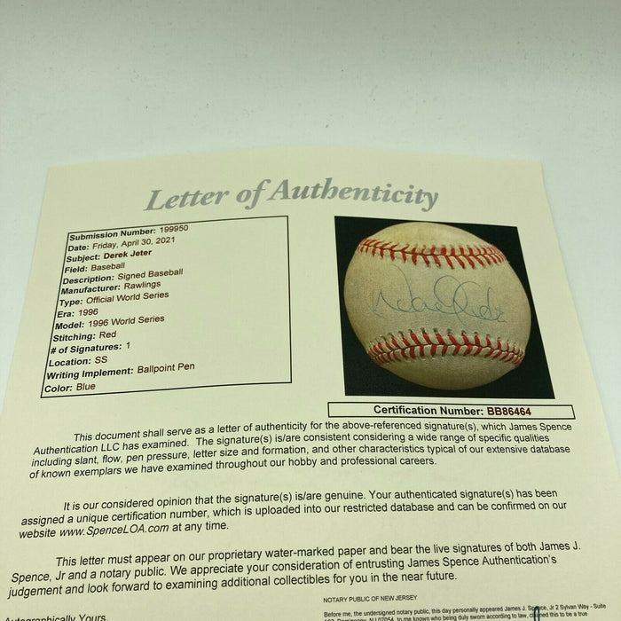 Derek Jeter Rookie Signed Official 1996 World Series Baseball With JSA COA