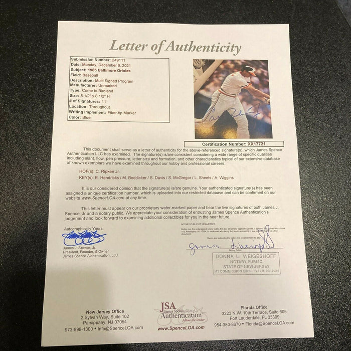 1985 Baltimore Orioles Team Signed Program With Cal Ripken Jr. JSA COA