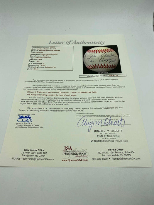 1992 World Series Game Used Baseball Signed By All The Umpires JSA COA Blue Jays