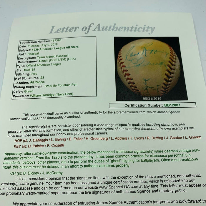 Historic Lou Gehrig 1939 Final All Star Game Team Signed Baseball With JSA COA