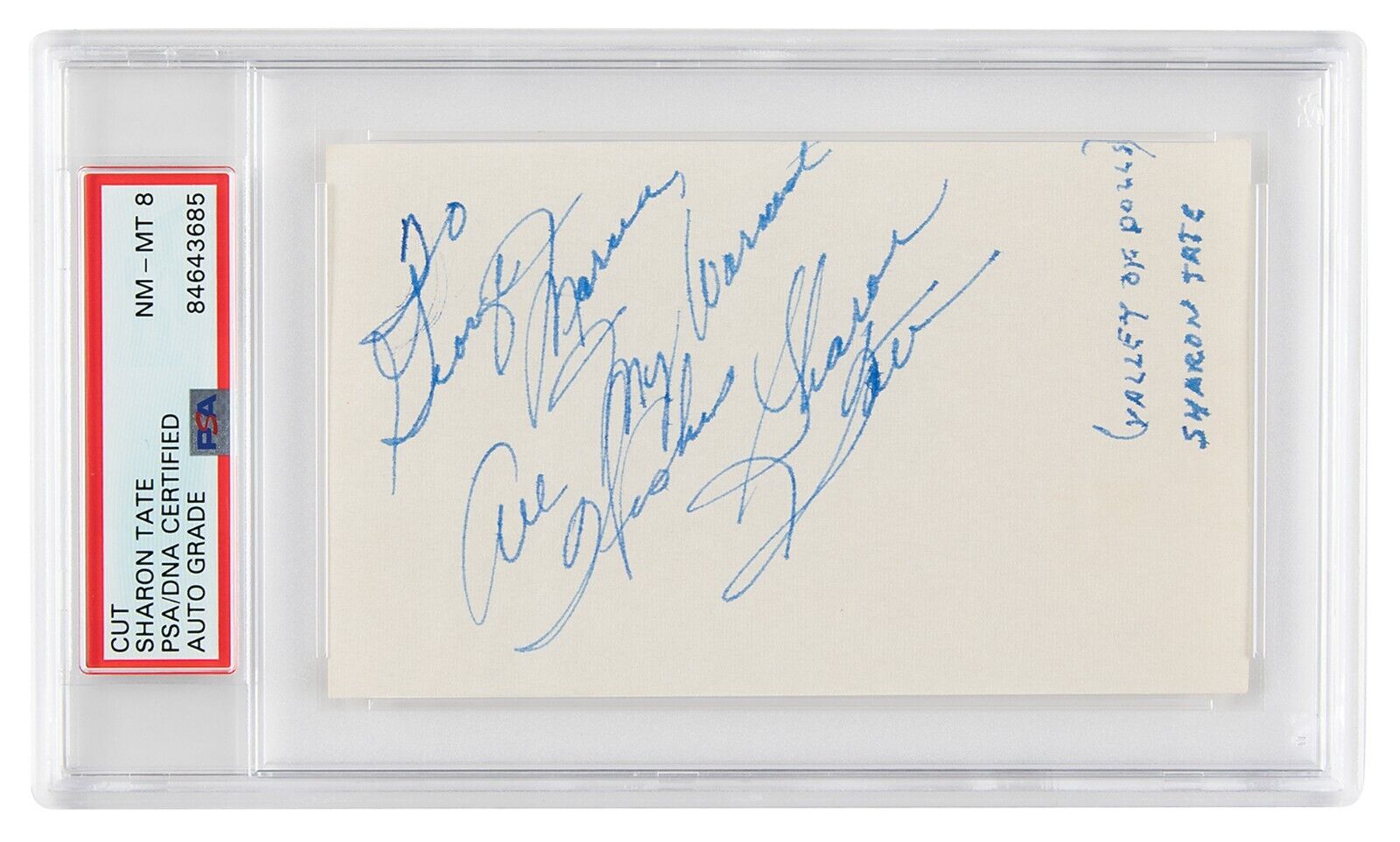 Sharon Tate Signed Autographed Index Card Manson Family Murder PSA DNA N Mint 8