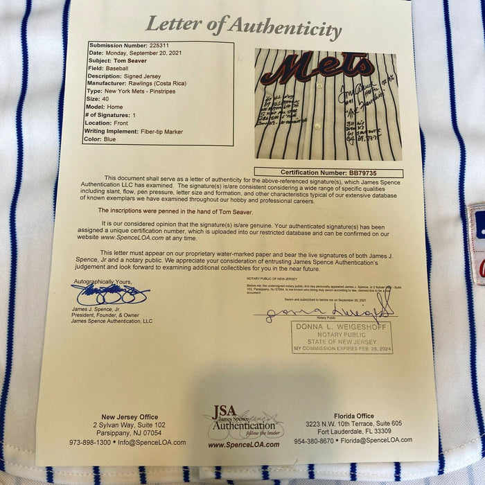 Extraordinary Tom Seaver Signed Heavily Inscribed STAT New York Mets Jersey JSA